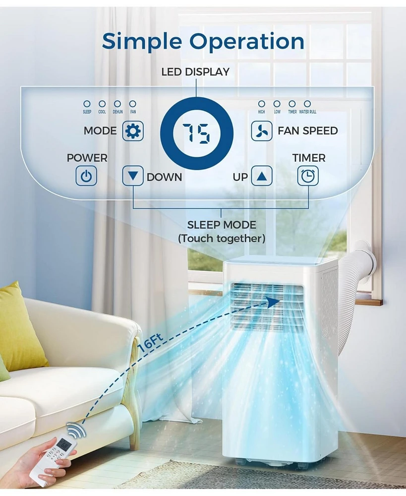 Cowsar Portable Air Conditioner 10000 Btu (Ashrae), 3-in-1 Modes Ac Cools Up to 450 Sq. Ft., Sleep Mode, Rc, Led Display, 24H Timer, Ac Unit with Wind