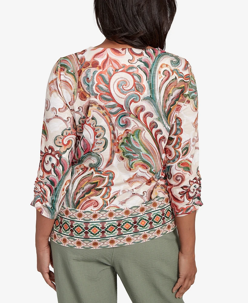 Alfred Dunner Petite Copper Canyon Textured Scroll Border Ruched Sleeves Crew Neck Top