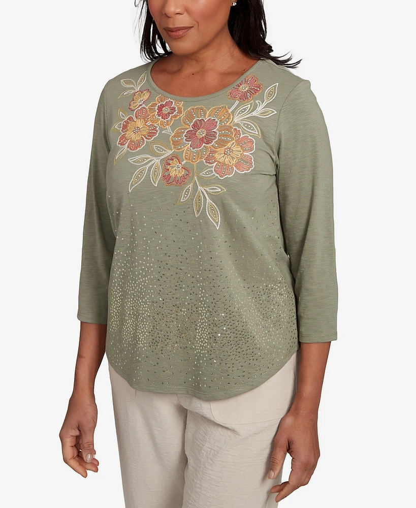 Alfred Dunner Petite Copper Canyon Scattered Sequin Floral Neck Top