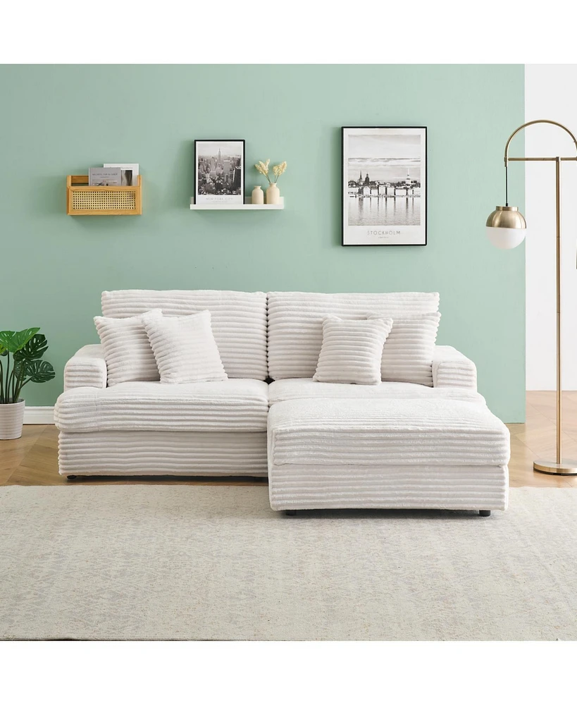 82 inches white corduroy sofa, storage feet +4 throw pillows, create a living room, office fashion new darling!