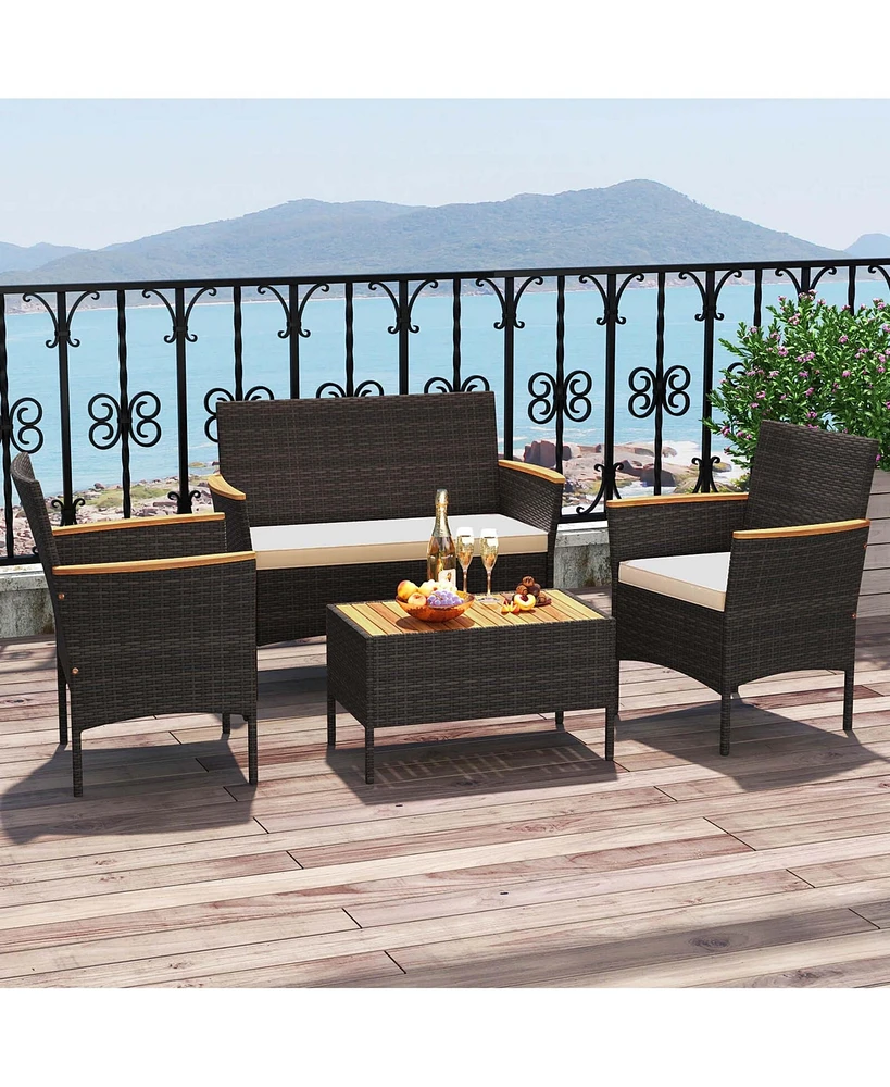 4 Pcs Patio Wicker Sofa Set with Coffee Table Acacia Wood Armrests & Tabletop