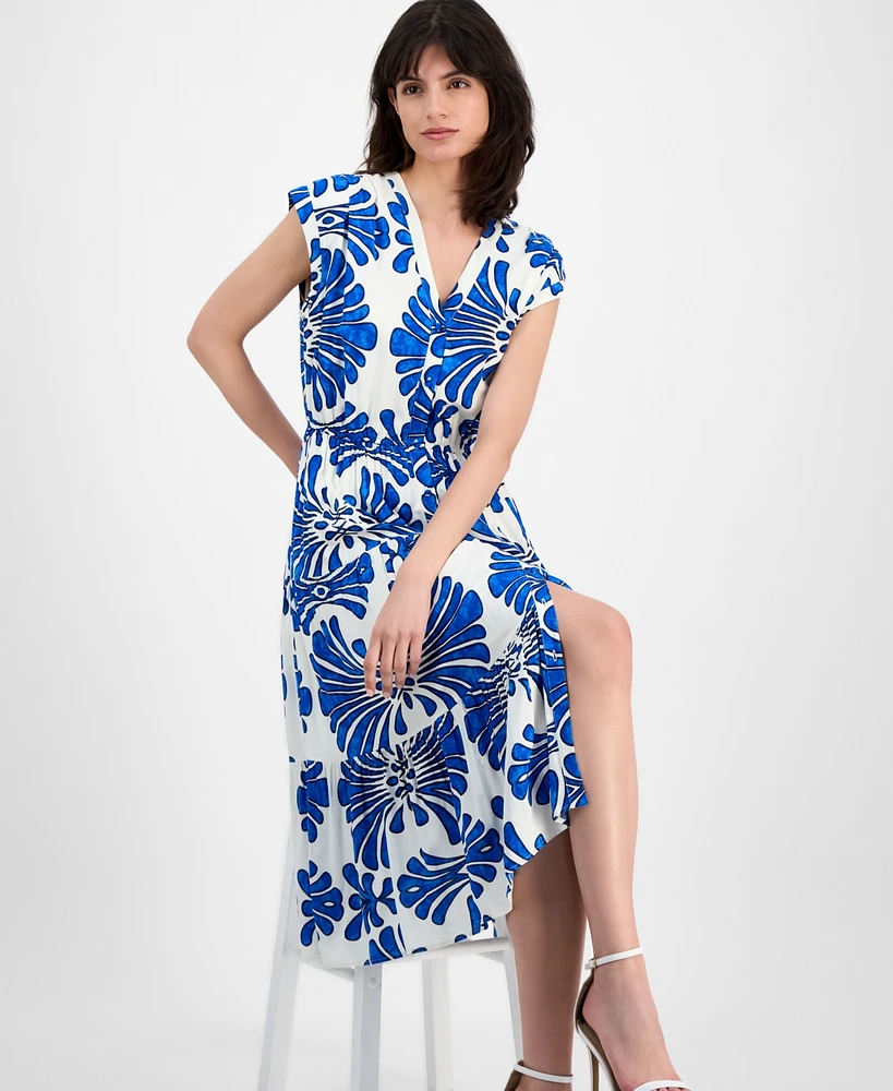 T Tahari Women's V-Neck Button-Front Fanned-Print Midi Dress