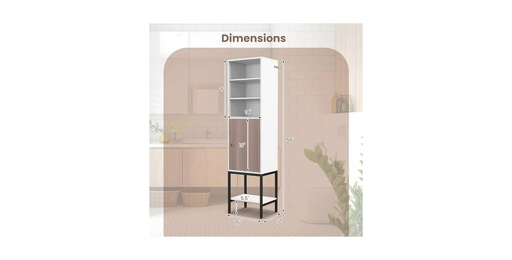 57 Inch Bathroom Tall Cabinet with 1 Door and 4 Shelves Narrow Storage Unit with Adjustable Shelves