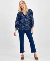 Style & Co Petite Printed V-Neck Raglan-Sleeve Blouse, Exclusively at Macy's