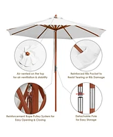 Yescom 9ft Solid Wood Outdoor Patio Umbrella with Base Included Parasol Wheels Stand for Bistro Market Garden Deck Yard Poolside White