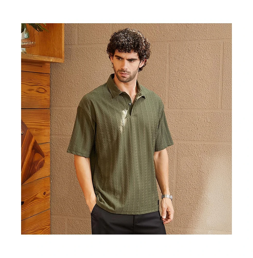 Campus Sutra Men's Army Green Spiralknot-Tactile Oversized Polo T-Shirt