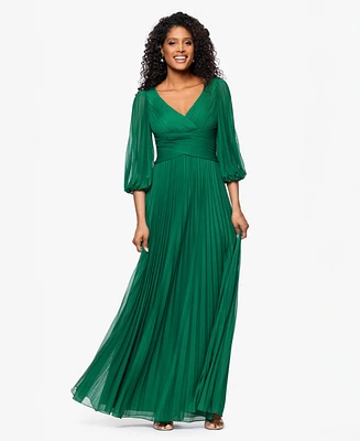Betsy & Adam Women's Pleated Balloon-Sleeve Long Dress