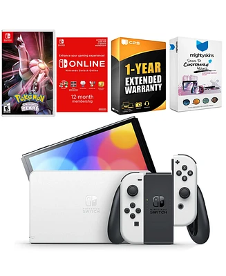 Nintendo Switch White Oled Console with Pokemon Shining Pearl, Nso 12 Month Family Membership, MightySkins Console and Controller Skin Voucher