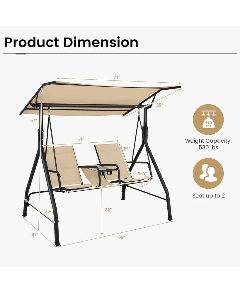 Gymax 2-Person Porch Swing Adjustable Canopy Swing Chair w/ Tempered Glass Table