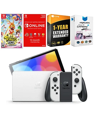 Nintendo Switch White Oled Console with Rabbids: Party of Legends, Nso 12 Month Family Membership, MightySkins Console and Controller Skin Voucher