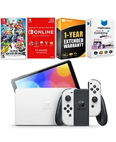 Nintendo Switch White Oled Console with Super Smash Bros: Ultimate, Nso 12 Month Family Membership, MightySkins Console and Controller Skin Voucher