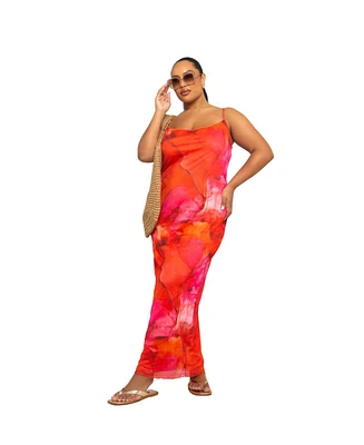 Fashion-szn Curve Women's Abstract Print Mesh Maxi Dress