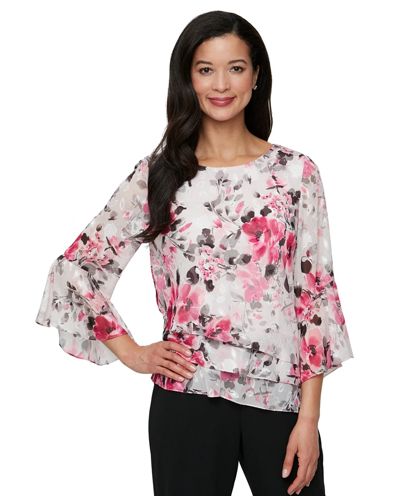 Alex Evenings Women's Chiffon Printed Bell-Sleeve Blouse