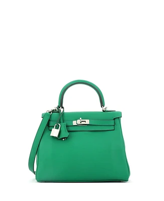 Pre-Owned Hermes Kelly 25 Handbag Green Swift with Palladium Hardware