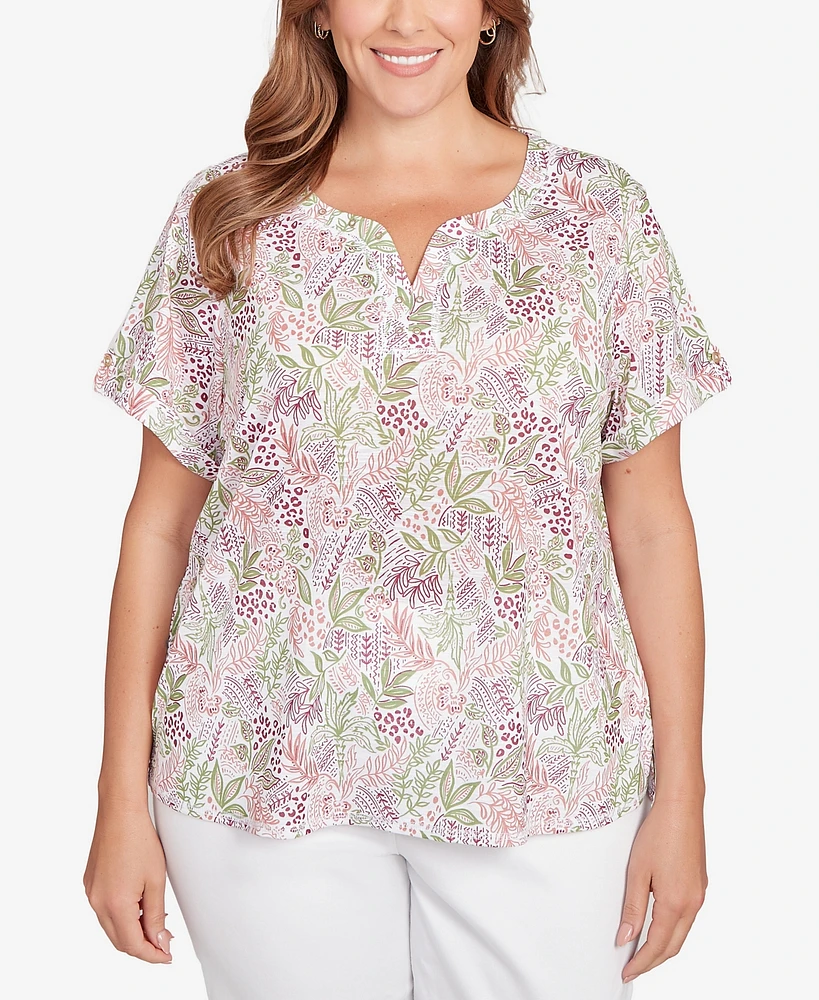 Hearts Of Palm Plus Size Embellished Garden Print Slub Top
