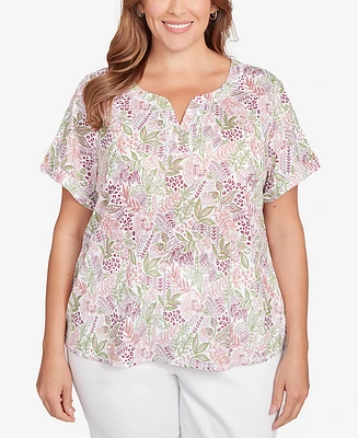 Hearts Of Palm Plus Size Embellished Garden Print Slub Top