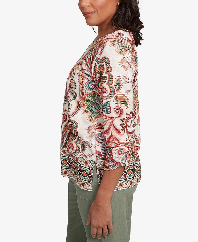 Alfred Dunner Women's Copper Canyon Textured Scroll Border Ruched Sleeves Top