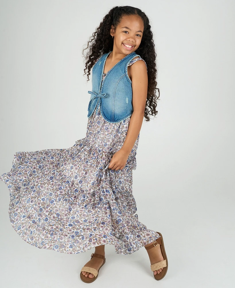 Rare Editions Big Girls 2-Piece Floral Maxi With Denim Vest and Dress Set