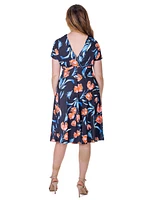 24seven Comfort Apparel Petite Tulip Print Empire Waist Kimono Cap Sleeve Knee Length Dress