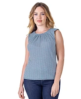 24seven Comfort Apparel Petite Blue Print Pleated Crew Neck Back Closure Sleeveless Top