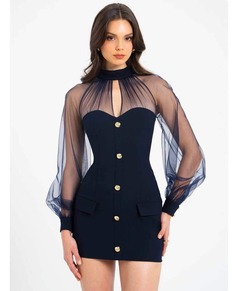 Miss Circle Women's Shelby Black Faux Leather with Lace Mini Dress