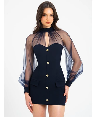 Miss Circle Women's Shelby Black Faux Leather with Lace Mini Dress