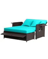 Gymax Rattan Loveseat Set Daybed Lounge w/ Storage Ottoman Side Tables Adjust Patio
