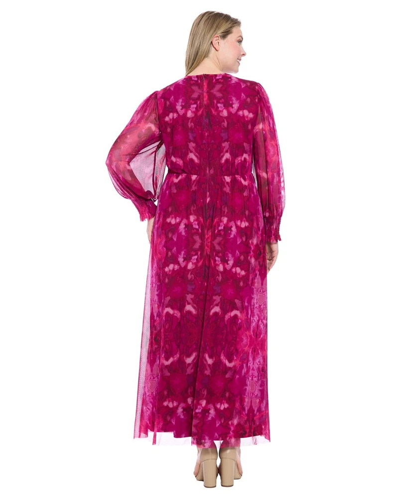 London Times Plus Bishop-Sleeve Mesh Maxi Dress