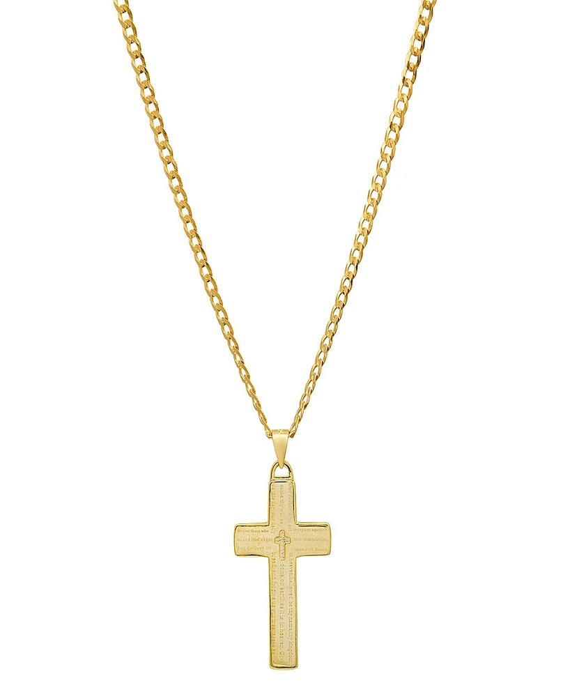 Steeltime Unisex 14K Gold Plated Sterling Silver Cuban Super Flat Chain and Lord's Prayer Cross Pendant Bracelet