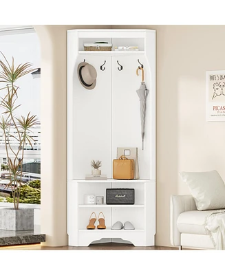 Minimalist Corner Hall Tree with Shoe Bench, Versatile Entryway Coat Rack with 4 Hooks, Corner Cabinet with Adjustable Shelf for Hallway, Living Room,