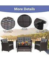 4 Pieces Patio Rattan Conversation Furniture Set with Glass Top Coffee Table
