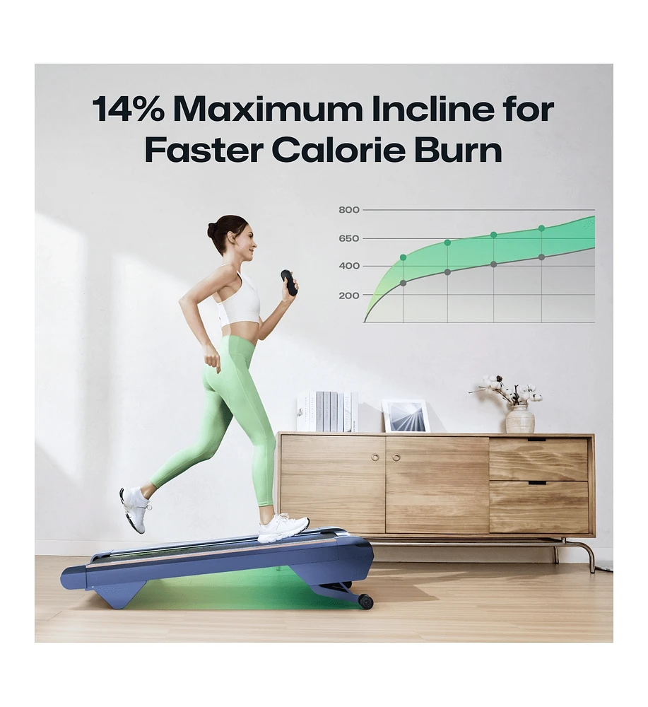 Smart Walking Pad with 14% Incline, Under Desk Treadmill for Home Use, Extended Walking Surface, Led Remote, Speed-Responsive Lighting, Quiet Brushles