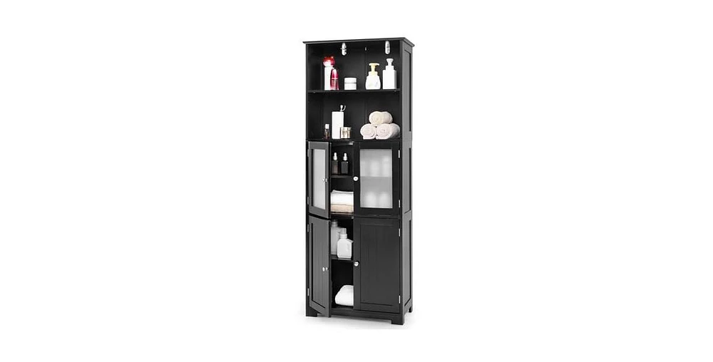 6-Tier Freestanding Bathroom Cabinet with 2 Open Compartments and Adjustable Shelves
