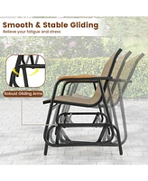 Slickblue Patio Glider Bench with Curved Teak Armrests and Breathable Fabric Seat for 2 People