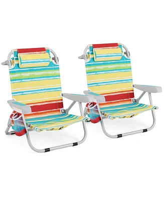 Foldable Backpack Beach Chair with Cup Holder and Storage Pockets Set of 2