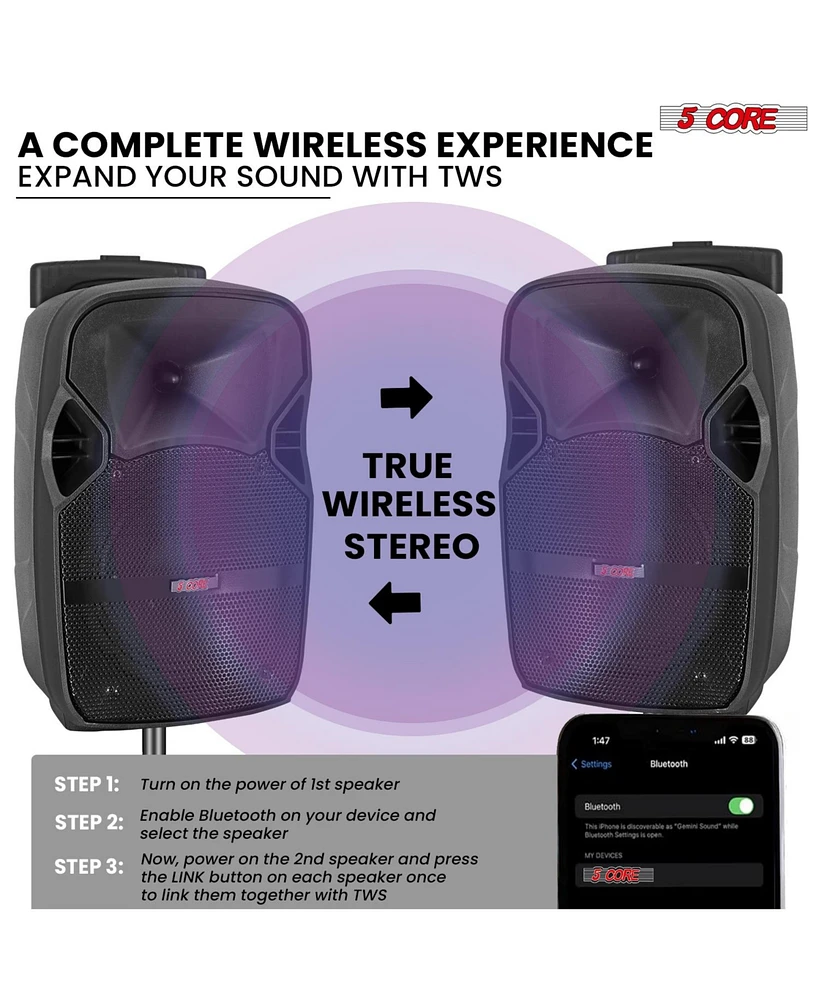 5 Core 10 Inch Tws Pair Bluetooth Party Speakers 400 Watt Portable Karaoke Pa System Rechargeable Loud Speaker + Tripod Stand 2X Wireless Mics Led Lig