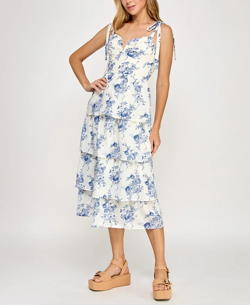 Crystal Doll Juniors' Floral Print Tie-Shoulder Tiered Dress