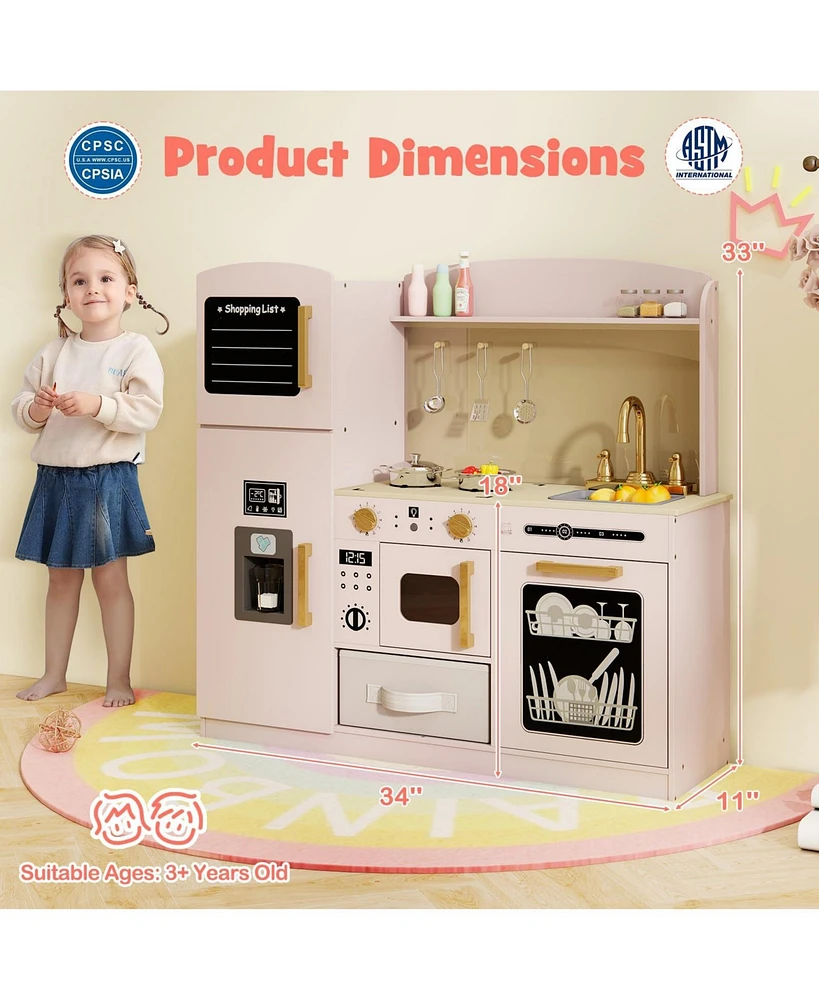 Wooden Kids Kitchen Playset with Chalkboard Ice Maker Sink Lighted Microwave