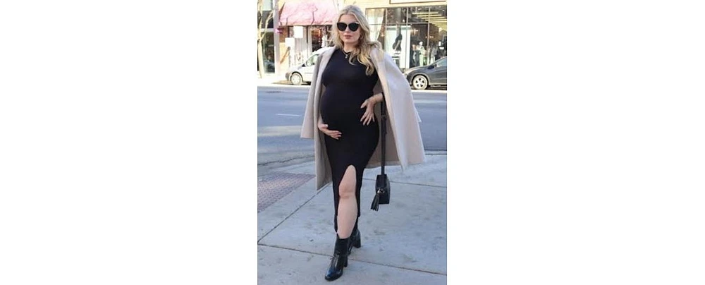 Pinkblush Black Mock Neck Front Slit Short Sleeve Maternity Maxi Dress