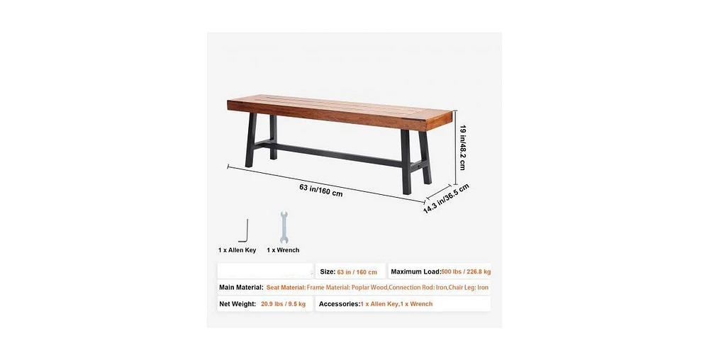 Slickblue Wood Outdoor Bench with Metal Legs for Garden Park Patio and Front Porch Seating