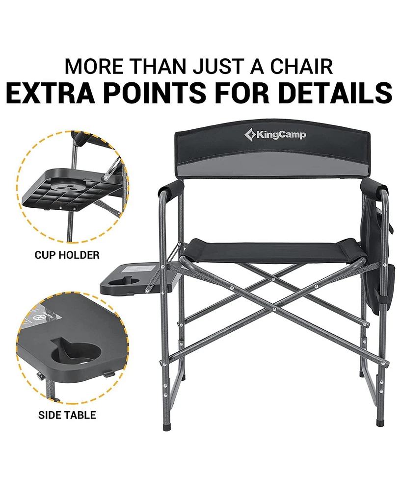 KingCamp Padded Outdoor Folding Chair with Table & Pockets, Black/Grey (2 Pack)