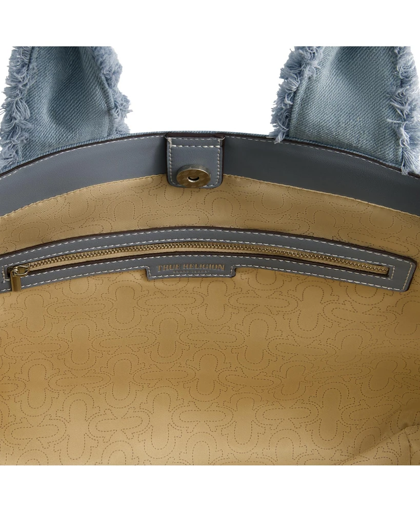 True Religion Frayed Handle Solid Denim Tote