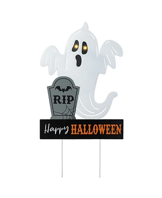 Glitzhome 32.25" Lighted Halloween Metal Ghost Tombstone Yard Stake with Timer