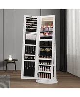 Vlsrka A 360° swivel standing jewelry mirror cabinet with storage shelves, full-length mirror, and Led lights.
