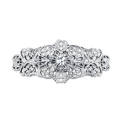2028 Silver-Tone Crystal Filigree Bar Barrette