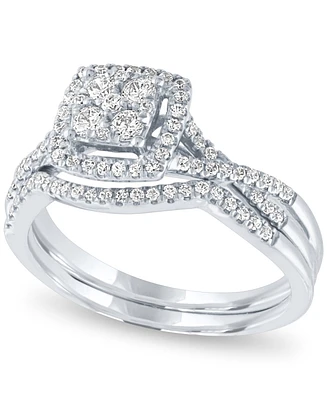 Diamond Square Halo Cluster Bridal Set (1/2 ct. t.w.) 14k White Gold