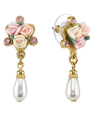 2028 Gold-Tone Crystal Ivory and Pink Porcelain Rose Simulated Pearl Drop Earrings