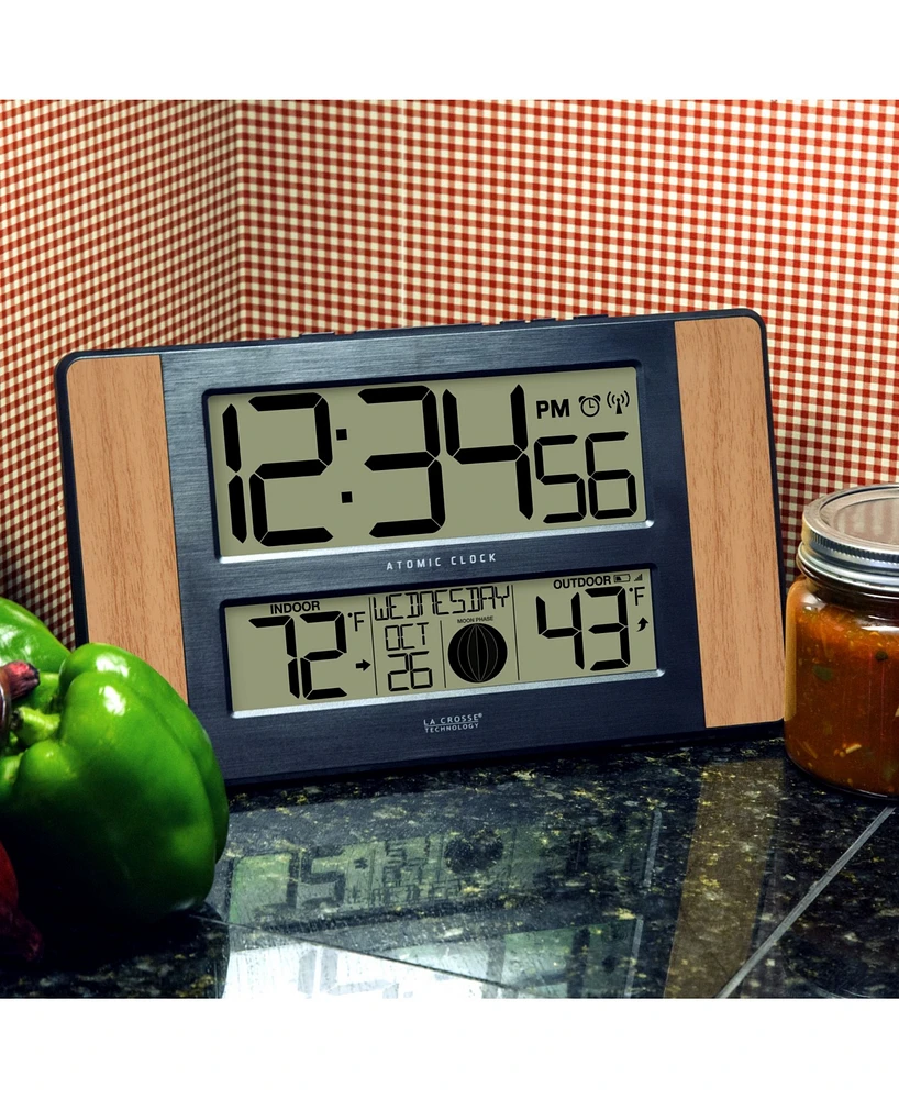 La Crosse Technology Atomic Digital Clock with Temperature and Moon Phase, Oak finish