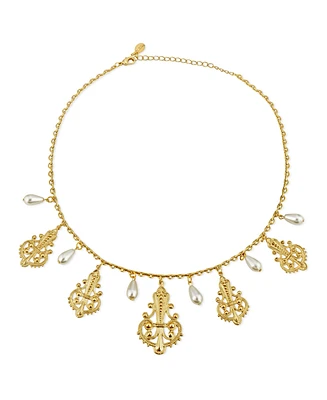 2028 Tone Filigree Drop with Pearl Drop Necklace