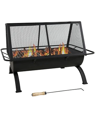 Outdoor Camping or Backyard Rectangular Northland Fire Pit with Cooking Grill Grate, Spark Screen, Log Poker, and Fire Pit Cover - 36"